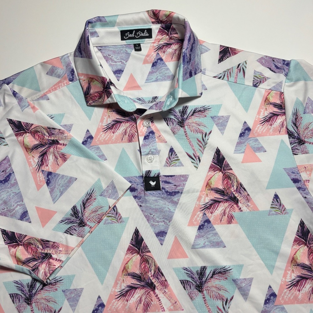 Bad Birdie Golf Performance Polo Mens L Palm Tree Geometric Pastel BeachShirt - Picture 3 of 7